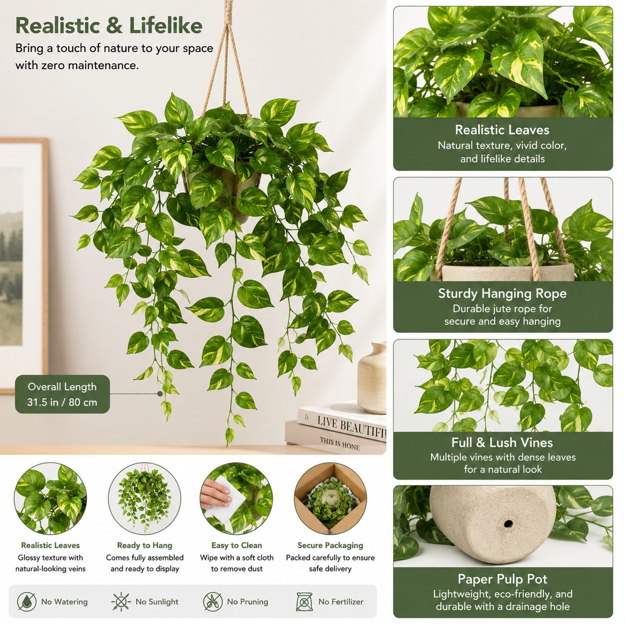 Masrjkie® Artificial Hanging Pothos Plant