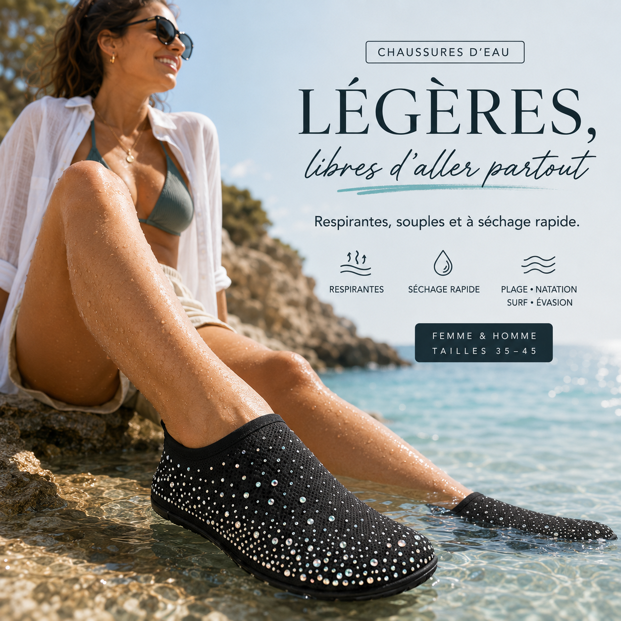 Chaussures d'eau respirantes – Aquashoes à séchage rapide, chaussures de plage antidérapantes pour natation, surf et activités nautiques avec semelle flexible confortable