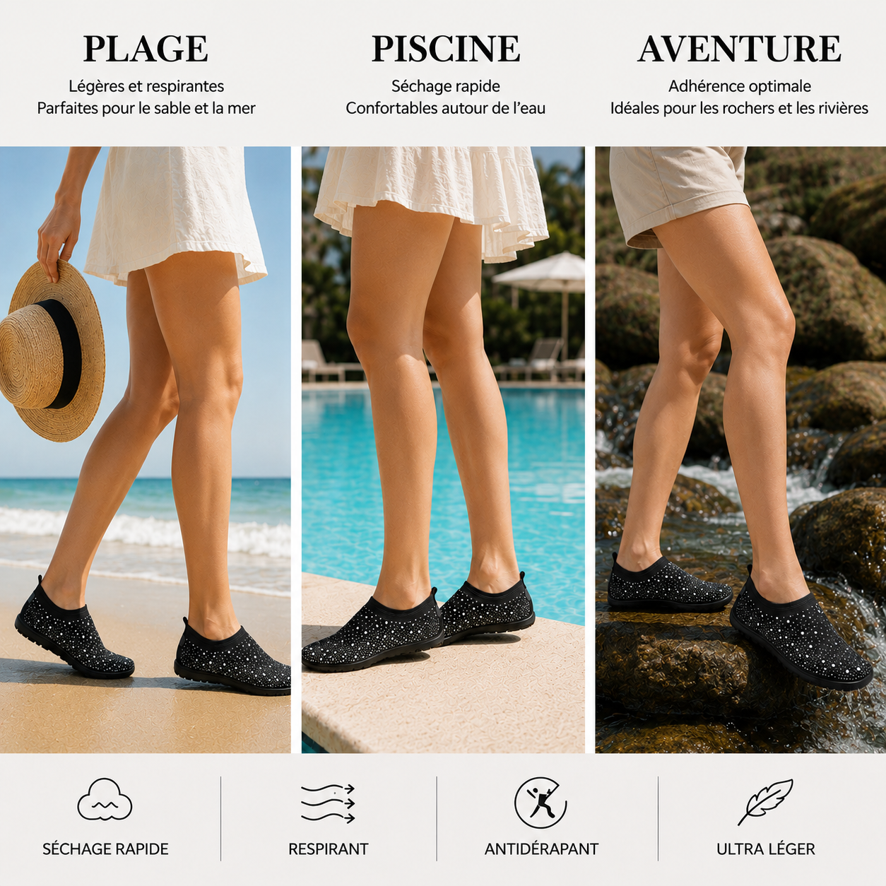 Chaussures d'eau respirantes – Aquashoes à séchage rapide, chaussures de plage antidérapantes pour natation, surf et activités nautiques avec semelle flexible confortable