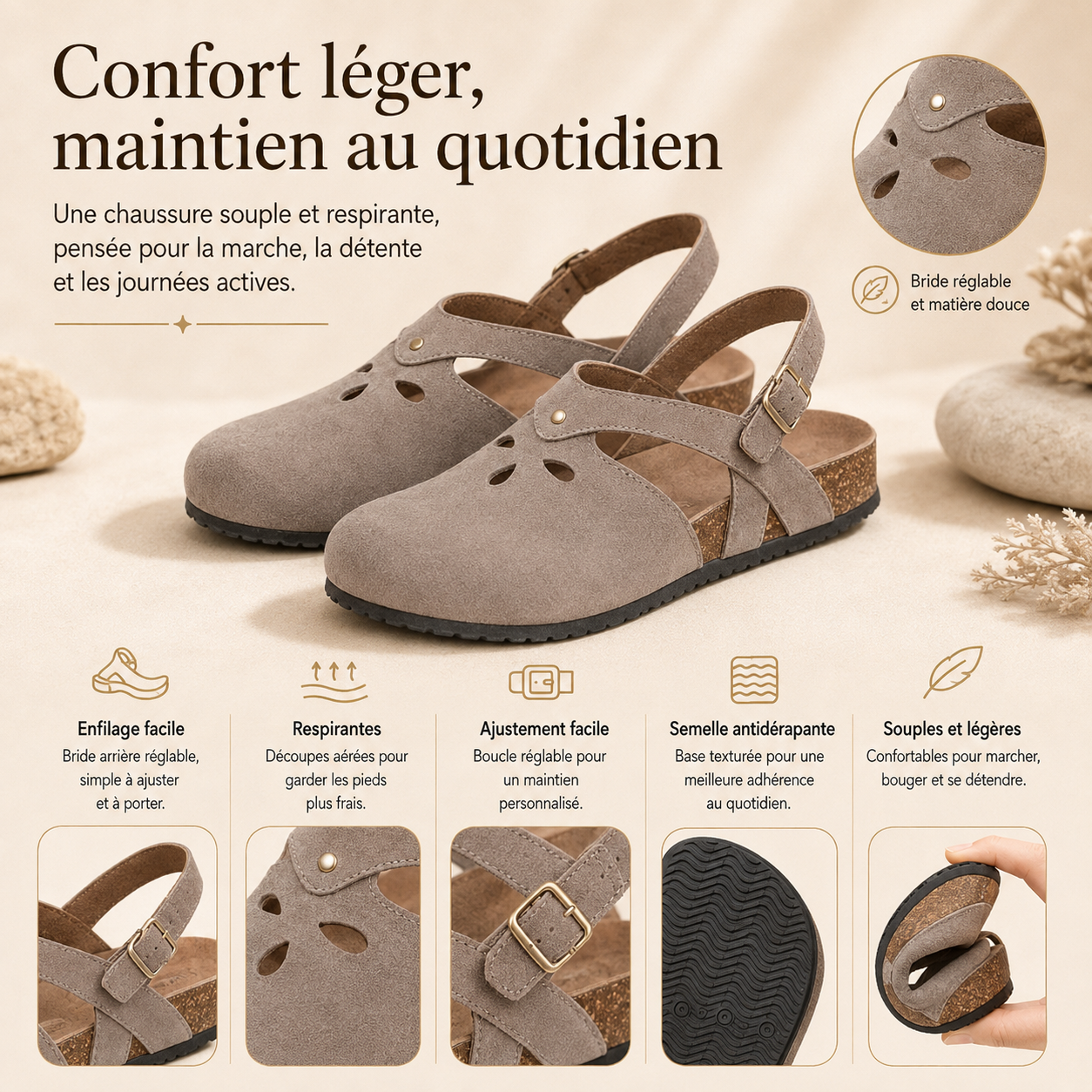 Sandales orthopédiques élégantes pour femme – Chaussures confortables à bride réglable, respirantes et antidérapantes pour la marche quotidienne, voyages et activités estivales