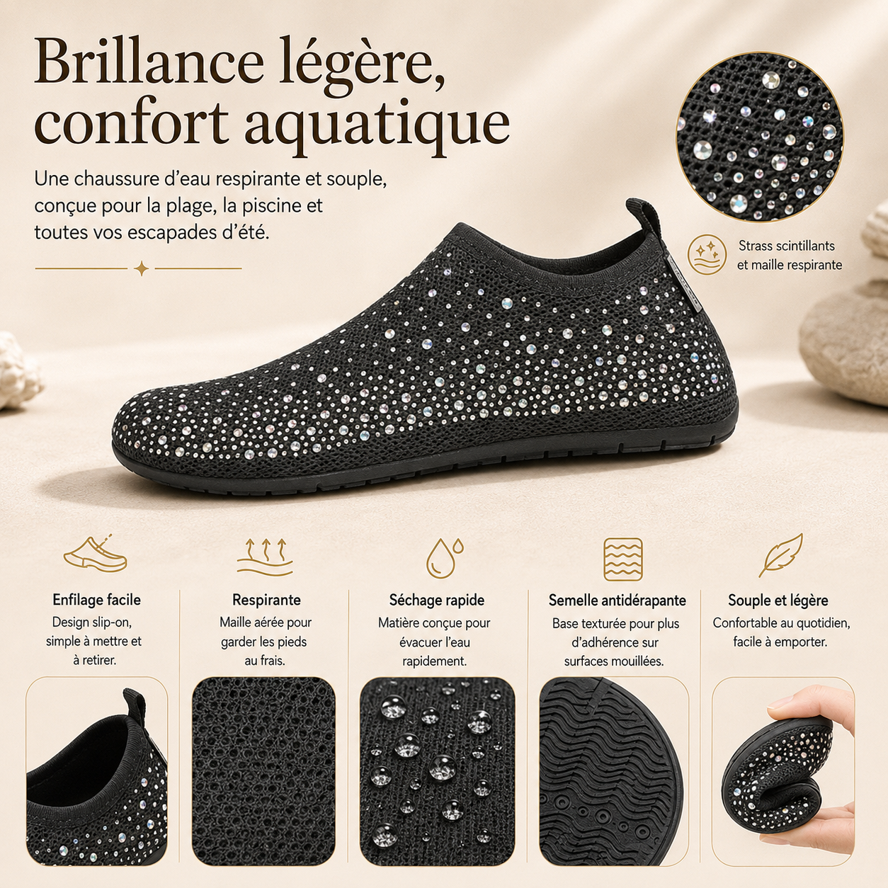 Chaussures d'eau respirantes – Aquashoes à séchage rapide, chaussures de plage antidérapantes pour natation, surf et activités nautiques avec semelle flexible confortable