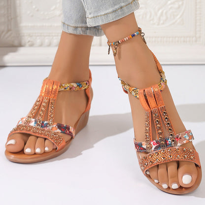 Sandales compensées à strass scintillants ✨ Soutien de la voûte plantaire | Faciles à enfiler | Confort optimal toute la journée 😎